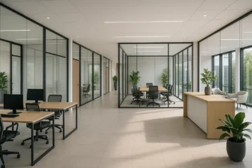 Intérieur lumineux d’un centre d’affaires moderne en Belgique avec bureaux privés, salles de réunion vitrées et espaces de coworking.