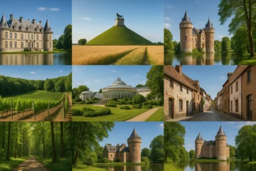 Montage photoréaliste de sept destinations autour de Bruxelles, mêlant châteaux, parcs, vignobles et paysages verdoyants.