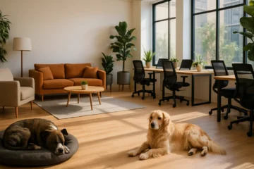 Espace de coworking moderne avec coins détente et bureaux, quelques chiens calmes reposant près des postes de travail.