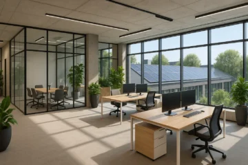 Intérieur lumineux et moderne d’un centre d’affaires en Belgique, avec bureaux ouverts, salles vitrées, plantes vertes et équipements technologiques.