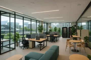 Bureau hybride moderne en Belgique avec postes modulables, cabines acoustiques, lumière naturelle et espaces partagés, conçu pour le travail flexible et collaboratif.
