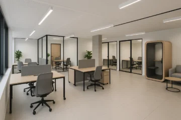 Bureau flexible et modulable dans un centre d’affaires moderne, avec mobilier ajustable et espaces ouverts.