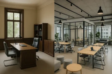 Comparaison visuelle entre un bureau traditionnel fixe et un espace de travail flexible moderne, illustrant deux styles de location différents.