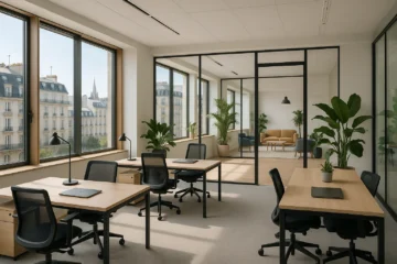 Espace de bureau moderne et lumineux dans un centre d’affaires avec mobilier contemporain et zones communes partagées.