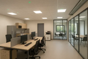 Espace de bureaux partagés moderne avec cuisine commune, salle de réunion vitrée, équipements mutualisés et aménagements économes en énergie.