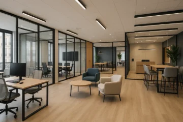 Centre d’affaires moderne avec bureaux privés vitrés, espaces de coworking, mobilier ergonomique et salles de réunion équipées.