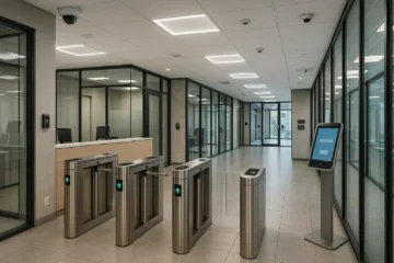 Centre d’affaires moderne avec réception sécurisée, tourniquets électroniques, caméras de surveillance et bureaux vitrés à accès contrôlé.