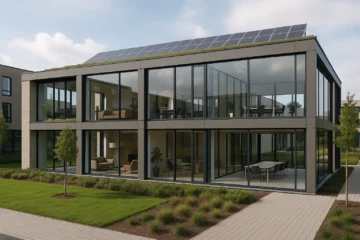 Centre d’affaires moderne et écoénergétique en Belgique, avec design durable et espaces partagés visibles de l’extérieur.
