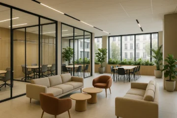Espaces partagés modernes dans un centre d’affaires en France avec salles de réunion vitrées, zones collaboratives et design durable.