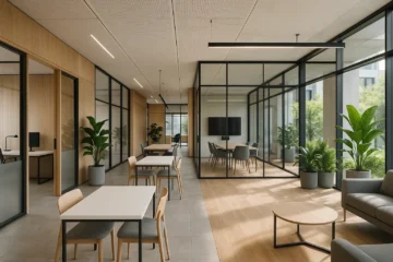 Intérieur d’un centre d’affaires moderne en France avec bureaux privés, espaces de coworking, salles de réunion vitrées et design durable.