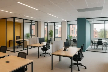 Bureaux modernes et modulables en Belgique pour startups et PME, avec espaces privés, coworking zones et salles de réunion partagées dans un design lumineux et ergonomique.