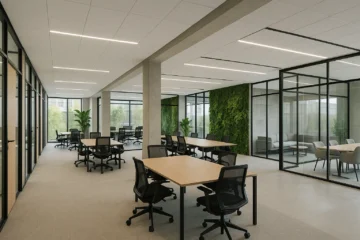 Intérieur moderne d’un centre d’affaires en Belgique avec bureaux privés, espaces de coworking, mobilier ergonomique et murs végétaux dans un design lumineux et durable.