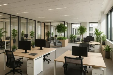 Intérieur moderne d’un centre d’affaires en Belgique avec espaces lumineux, mobilier ergonomique, zones vertes et design durable