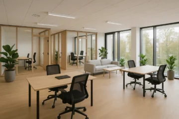 Image photoréaliste d’un espace de travail flexible en Belgique, avec zones ouvertes, bureaux privés et mobilier ergonomique dans une atmosphère lumineuse.