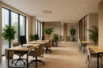 Intérieur d’un bureau moderne avec mobilier ergonomique, lumière naturelle et plantes vertes, reflétant un design minimaliste et fonctionnel.