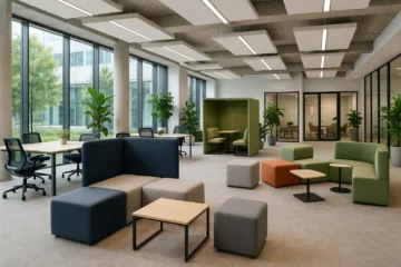 Bureau flexible et modulable avec lumière naturelle, mobilier ergonomique et espaces collaboratifs.