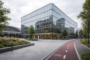 Immeuble de bureaux moderne près d’une grande gare en Belgique, façade vitrée et espace public soigné.