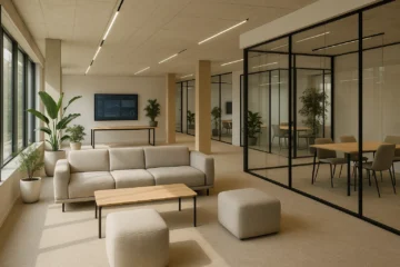 Intérieur d’un bureau moderne en Belgique, avec mobilier modulable, lumière naturelle et technologies intégrées, conçu pour le travail hybride.
