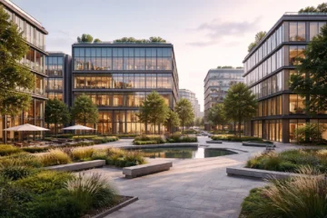 Quartier de bureaux moderne adapté au travail hybride en Belgique.