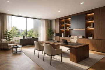 Bureau privé moderne et lumineux avec mobilier sobre et matériaux chaleureux.
