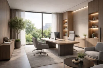 Bureau privé moderne, lumineux et calme avec mobilier ergonomique.